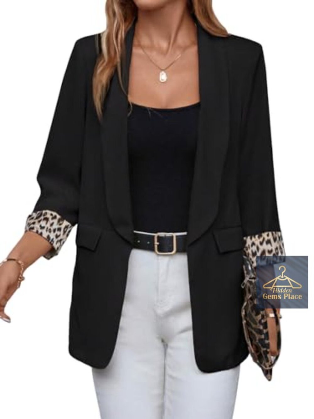 WDIRARA Leopard Print Shawl Collar Open Front 3/4 Sleeve Blazer Jacket